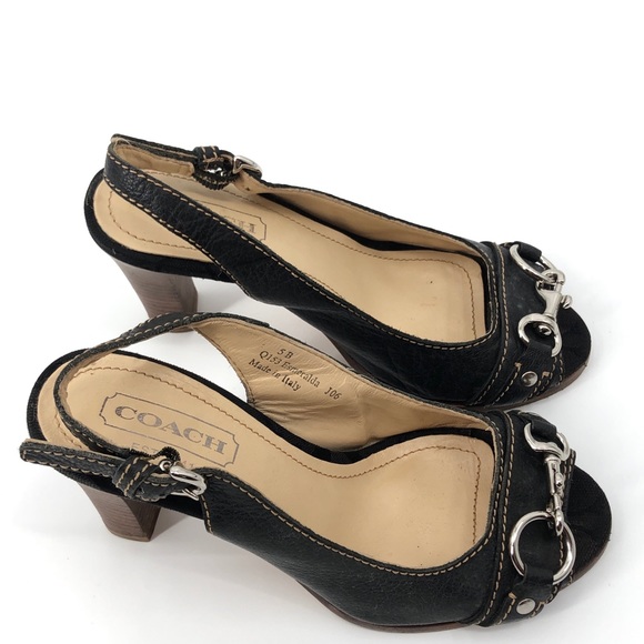 Coach Blk Leather Esmeralda Peep Toe Heels Size 5B - Picture 11 of 11